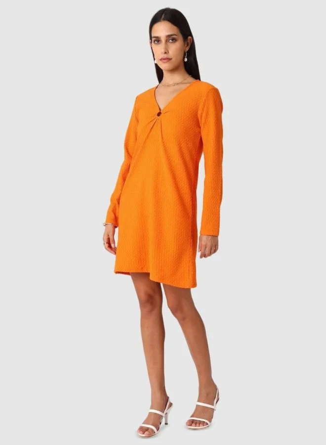 Freehand  Women Fit and Flared Textured V-Neck Long Sleeve Shift Dress for Women | Best Price UAE