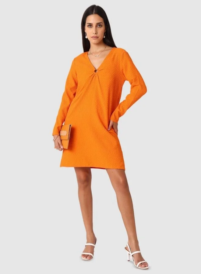 Women Fit and Flared Textured V-Neck Long Sleeve Shift Dress