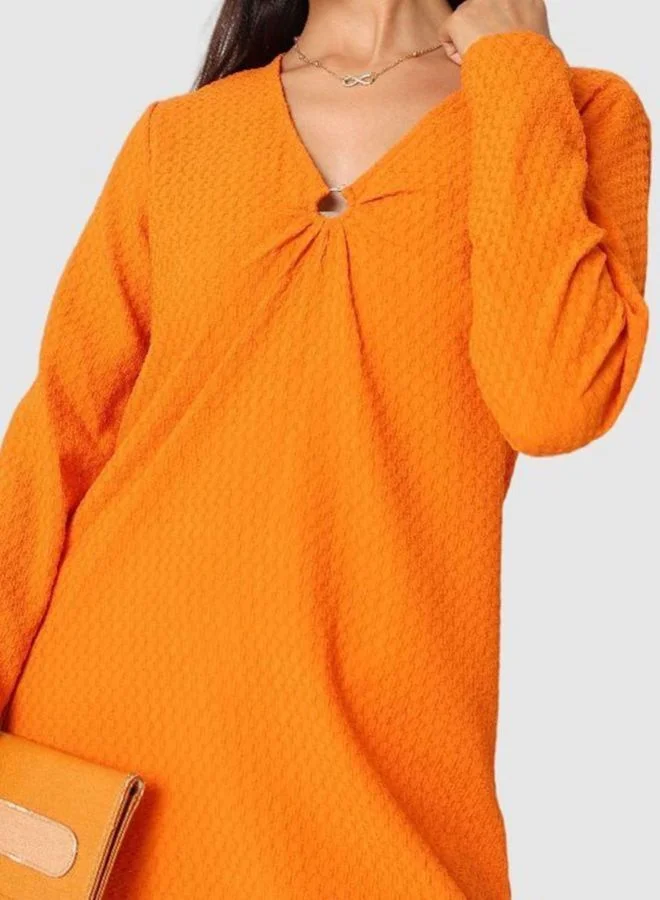 Freehand  Women Fit and Flared Textured V-Neck Long Sleeve Shift Dress for Women | Best Price UAE