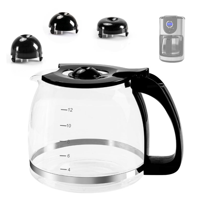 12Cup Glass Carafe Replacement Pot for Mr Coffee Black Decker Hamilton Beach KitchenAid Universal Coffee Maker Carafe Pot 12 Cup 18L Coffee Pot with Handle 3 SnapOn Caps in Different Sizes
