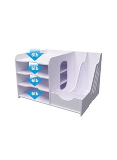 4-Tier Office White Desktop Organizer Paper File Rack with Vertical Horizontal File Holder All in One Supplies Storage Box Mail Sorter on Desk Tabletop Binder Folder Letter Trays Study Home