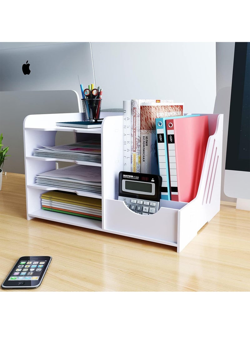 Kidle - 4-Tier Office White Desktop Organizer Paper File Rack with Vertical Horizontal File Holder All in One Supplies Storage Box Mail Sorter on Desk Tabletop Binder Folder Letter Trays Study Home - Image 1