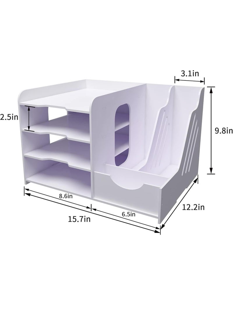 Kidle - 4-Tier Office White Desktop Organizer Paper File Rack with Vertical Horizontal File Holder All in One Supplies Storage Box Mail Sorter on Desk Tabletop Binder Folder Letter Trays Study Home - Image 1
