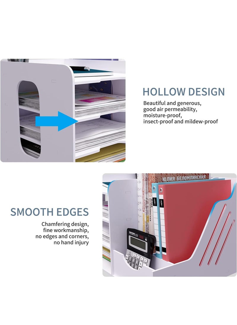 Kidle - 4-Tier Office White Desktop Organizer Paper File Rack with Vertical Horizontal File Holder All in One Supplies Storage Box Mail Sorter on Desk Tabletop Binder Folder Letter Trays Study Home - Image 1
