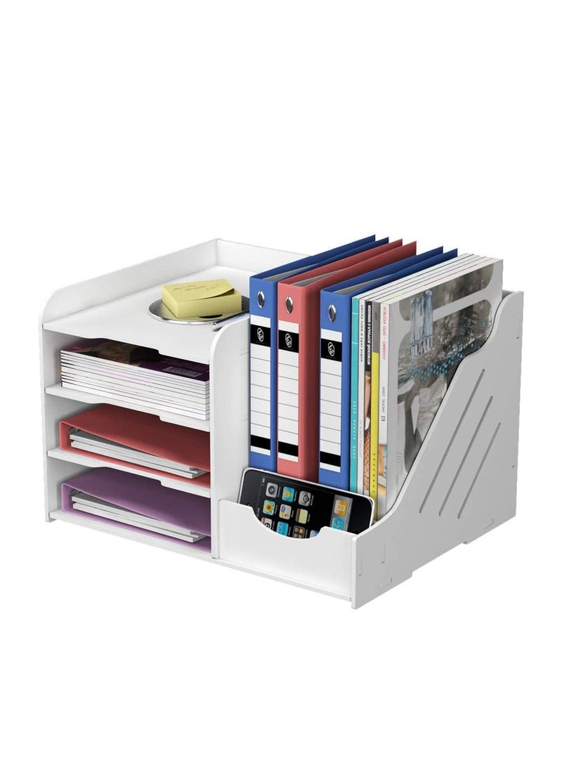 Kidle - 4-Tier Office White Desktop Organizer Paper File Rack with Vertical Horizontal File Holder All in One Supplies Storage Box Mail Sorter on Desk Tabletop Binder Folder Letter Trays Study Home - Image 1