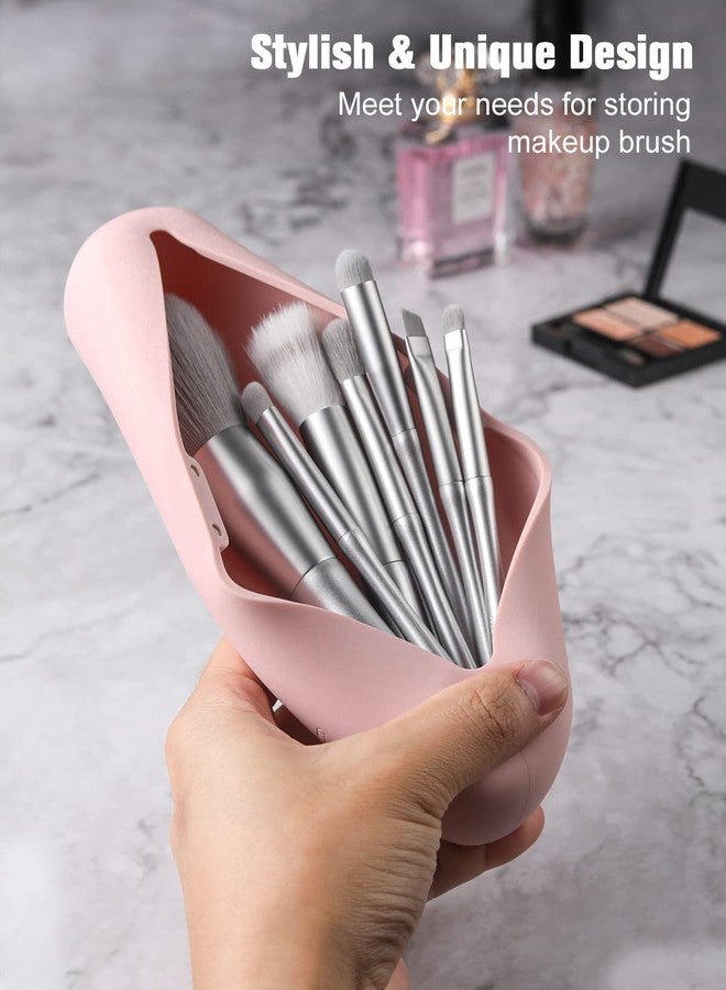 FERYES Travel Makeup Brush Holder, Silicon Trendy and Portable Cosmetic Face Brushes Holder, Soft and Sleek Makeup Tools Organizer for Travel-Pink - Image 3