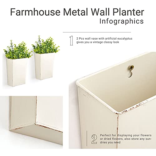 Dahey 2 Packs Metal Wall Planter Vase with Artificial Eucalyptus, Farmhouse Wall Decor Hanging Fake Plants Flowers Holder for Country Rustic Bedroom Bathroom Living Room Kitchen Decoration, White - Image 5