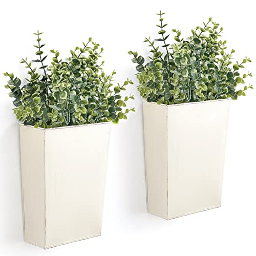 Dahey 2 Packs Metal Wall Planter Vase with Artificial Eucalyptus, Farmhouse Wall Decor Hanging Fake Plants Flowers Holder for Country Rustic Bedroom Bathroom Living Room Kitchen Decoration, White - Image 1