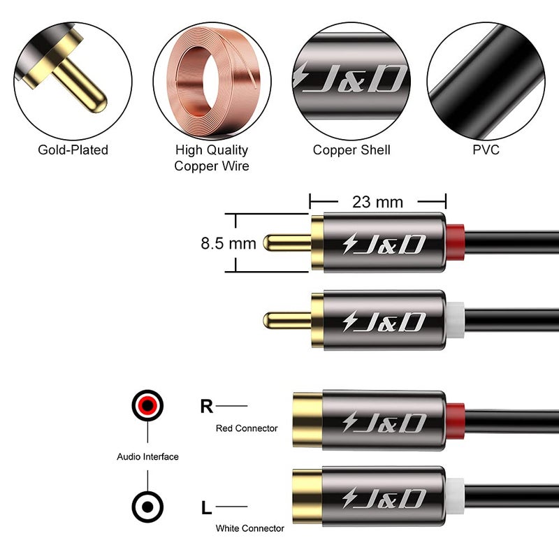 J&D 2 RCA Extension Cable, RCA Cable, Gold Plated Copper Shell Heavy Duty 2 RCA Male to Female Stereo Audio Extension Cable, 3 Feet - Image 2