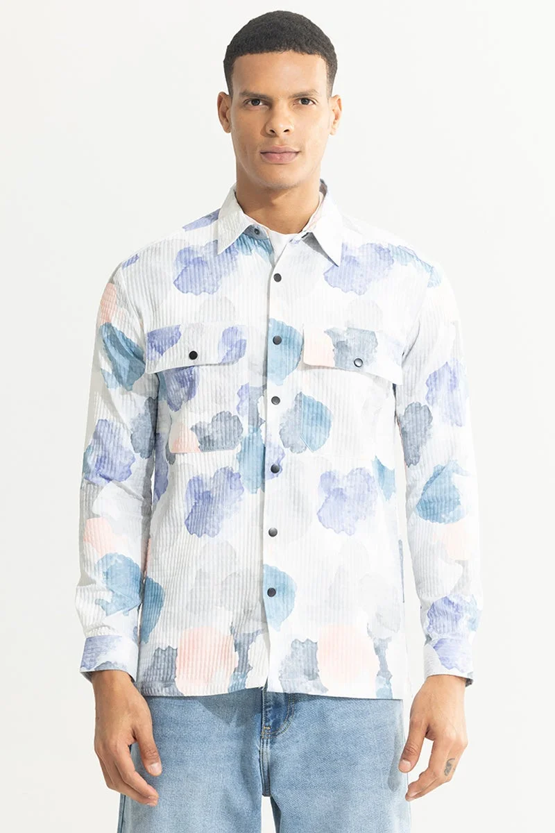 White Abstract Long Sleeve Relaxed Casual Overshirt