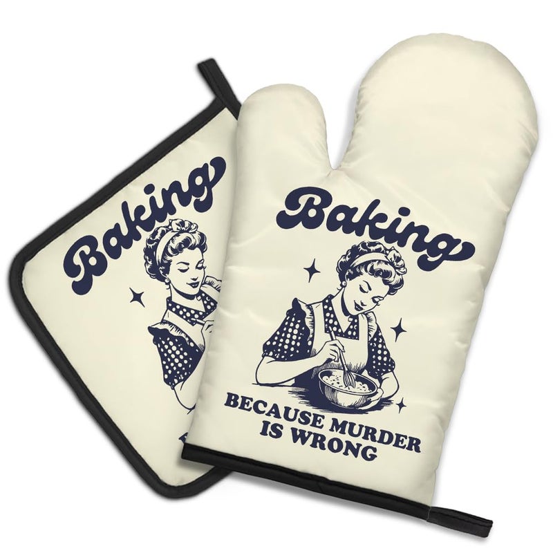 DYJYBMY Baking Because Murder is Wrong Funny Oven Mitts and Pot Holder Set, Humorous Vintage Lady Kitchen Gadgets for Women, Birthday Gifts for Bake Lover Chef, Hostess Gifts for Mom Wife Sister BFF - Image 1