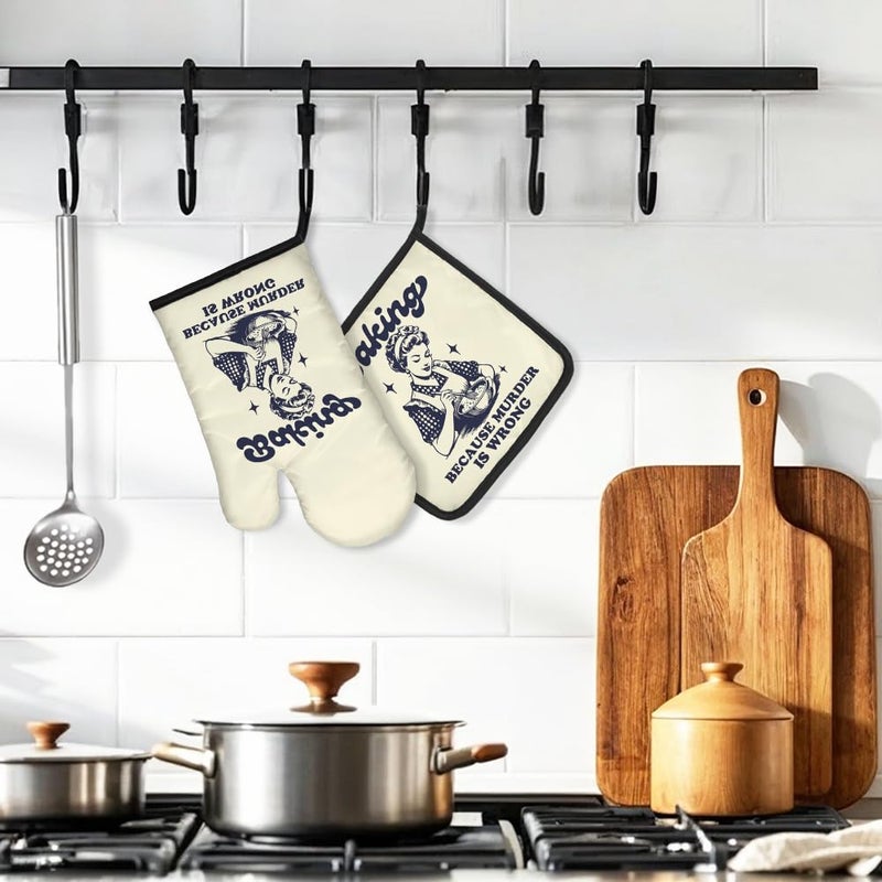 DYJYBMY Baking Because Murder is Wrong Funny Oven Mitts and Pot Holder Set, Humorous Vintage Lady Kitchen Gadgets for Women, Birthday Gifts for Bake Lover Chef, Hostess Gifts for Mom Wife Sister BFF - Image 4