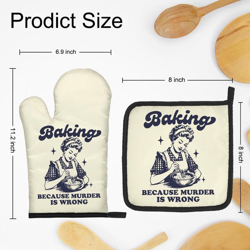 DYJYBMY Baking Because Murder is Wrong Funny Oven Mitts and Pot Holder Set, Humorous Vintage Lady Kitchen Gadgets for Women, Birthday Gifts for Bake Lover Chef, Hostess Gifts for Mom Wife Sister BFF - Image 2