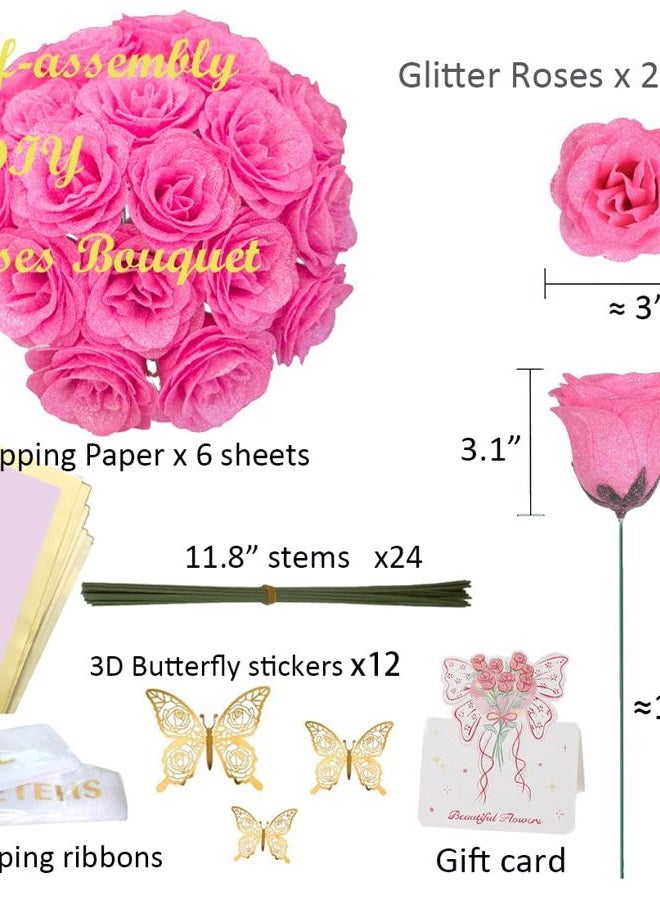 Greenke Pink Glitter Roses Gift for Her, DIY Artificial Rose Butterfly Flowers Bouquet Rose Gifts for Mothers Day Valentine Anniversary Birthday Gift for Women Wedding Decoration - Image 2