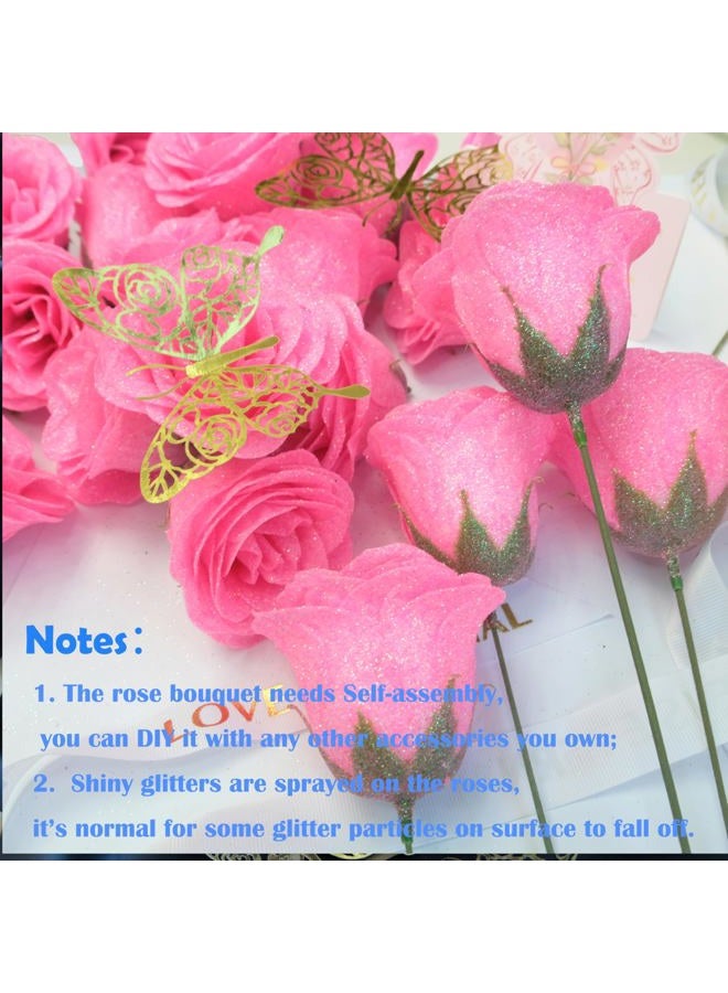 Greenke Pink Glitter Roses Gift for Her, DIY Artificial Rose Butterfly Flowers Bouquet Rose Gifts for Mothers Day Valentine Anniversary Birthday Gift for Women Wedding Decoration - Image 4