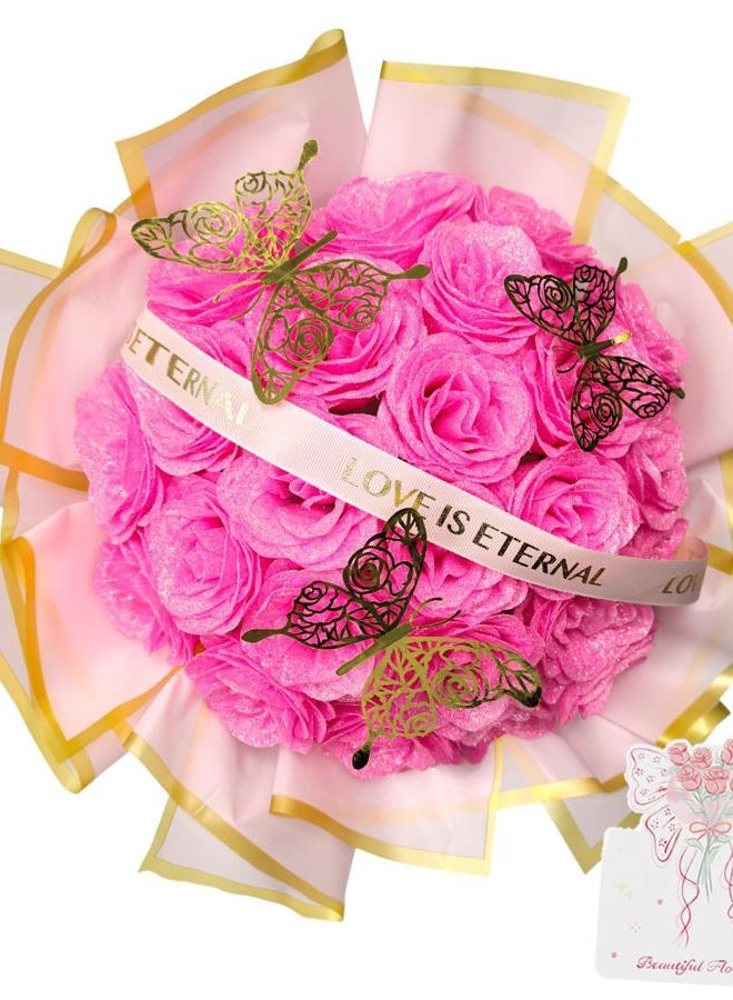 Greenke Pink Glitter Roses Gift for Her, DIY Artificial Rose Butterfly Flowers Bouquet Rose Gifts for Mothers Day Valentine Anniversary Birthday Gift for Women Wedding Decoration - Image 1