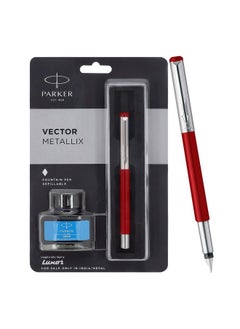 PARKER Vector Metallix Fountain Pen (Fine Nib) | Red Body Color With Quink Ink Bottle | Gifts For Employees | Ideal For Corporate Use  - Image 1