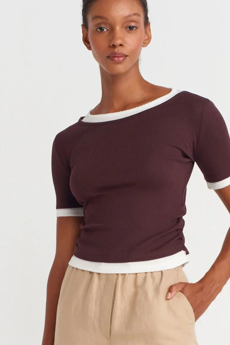 Dilvin Burgundy Red DILVIN Women's Crop Slim-Fit Crew Neck T-Shirt for Women | Best Price UAE