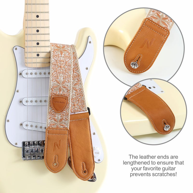 Nefelibata Guitar Strap,Double leather ends,Vintage Woven W/FREE BONUS-4 Picks+Strap Locks+Strap Button,Best Gift For Bass,Electric&Acoustic Guitars for Guitar(Vintage khaki yellow embroidery) - Image 5