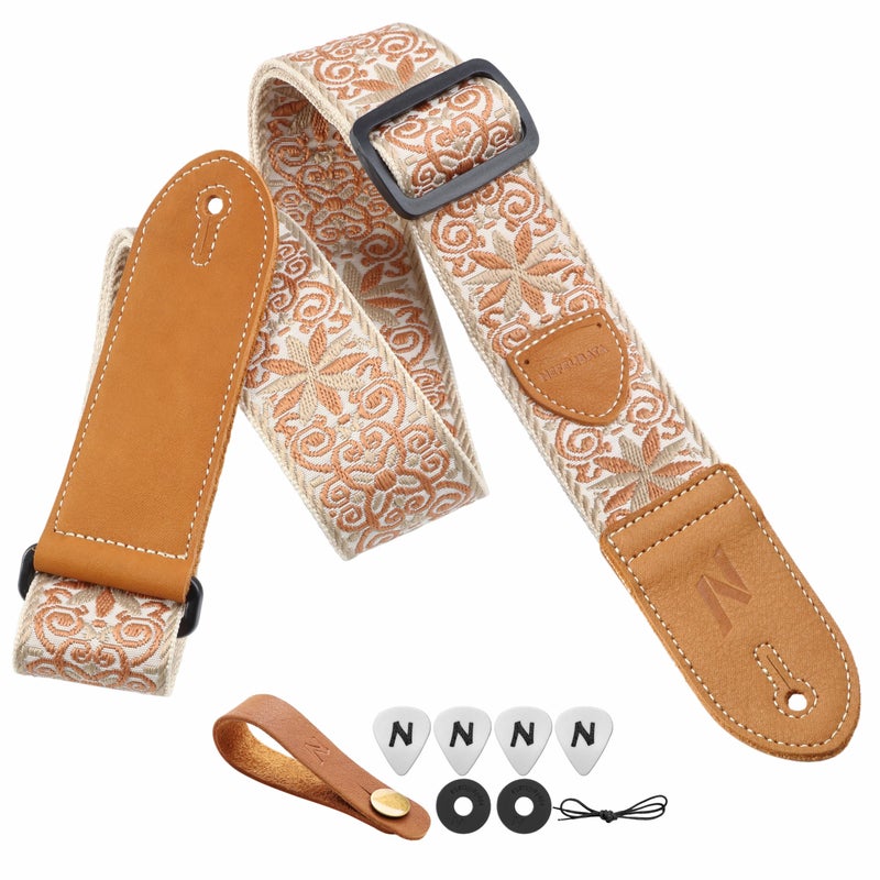 Nefelibata Guitar Strap,Double leather ends,Vintage Woven W/FREE BONUS-4 Picks+Strap Locks+Strap Button,Best Gift For Bass,Electric&Acoustic Guitars for Guitar(Vintage khaki yellow embroidery) - Image 1