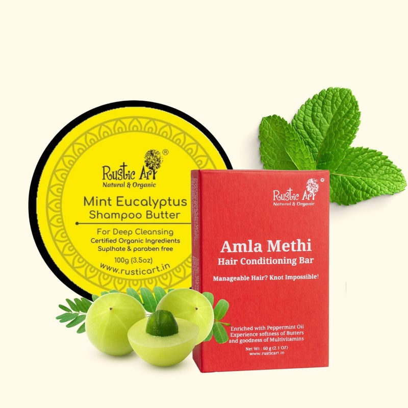 Rustic Art Mint Eucalyptus Shampoo Butter 100gm Amla Methi Hair Conditioning Bar Organic And Vegan Naturally cleanses - Image 2