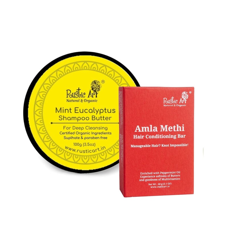 Rustic Art Mint Eucalyptus Shampoo Butter 100gm Amla Methi Hair Conditioning Bar Organic And Vegan Naturally cleanses - Image 1