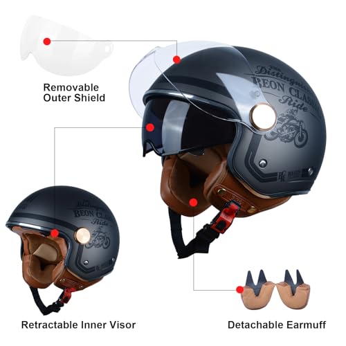 BEON Open Face Motorcycle Helmet for Adults, DOT Approved,3/4 Retro Vespa Helmet, Dual Visors Men's and Women's Motorbike Casco for Moped Cruiser Bobber and Chopper(M,BCR Matte Metallic Light Grey ) - Image 5