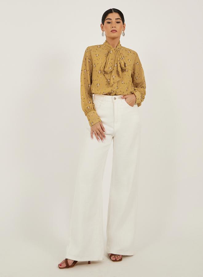 Styli Floral Print Textured Tie-Up Neck Blouse - Image 2