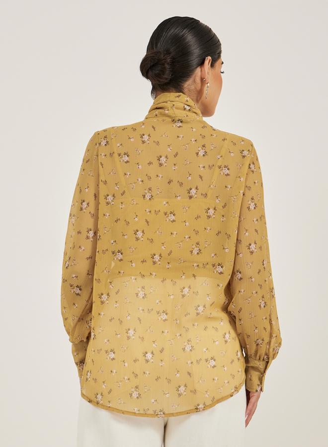 Styli Floral Print Textured Tie-Up Neck Blouse - Image 5