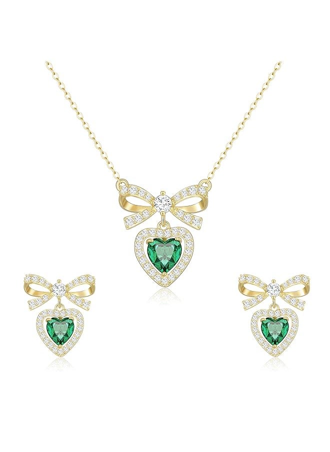 erorex - Women'S Diamond Necklace Emerald Necklace Butterfly Knot Birthstone Jewelry Set. Cubic Zirconia Green Heart Pendant Necklace Suitable For Women And Girls To Wear - Image 1