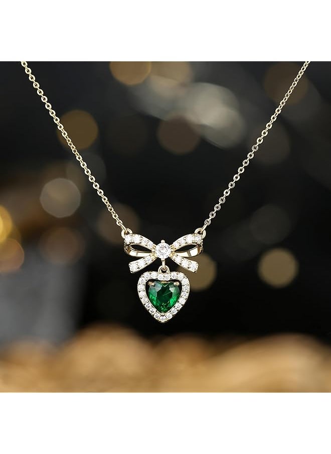 erorex - Women'S Diamond Necklace Emerald Necklace Butterfly Knot Birthstone Jewelry Set. Cubic Zirconia Green Heart Pendant Necklace Suitable For Women And Girls To Wear - Image 1