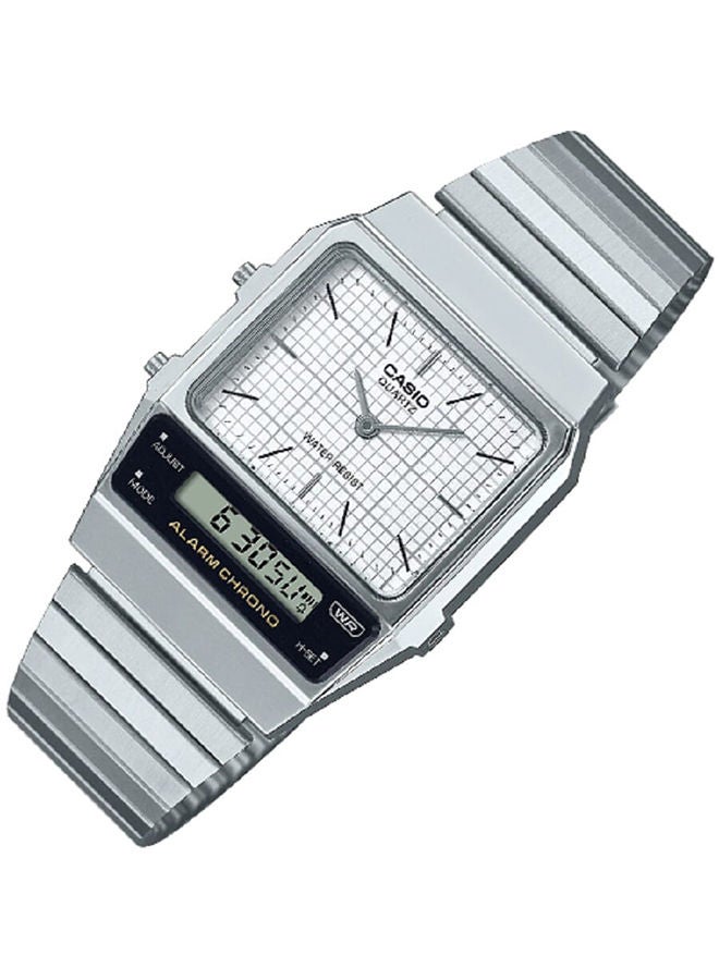 CASIO Men Watch Vintage Rectangular Shape Digital Analog White Dial Stainless Steel Band AQ-800E-7ADF - Image 2