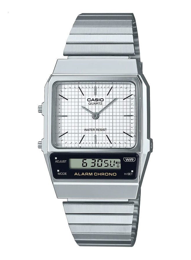 CASIO Men Watch Vintage Rectangular Shape Digital Analog White Dial Stainless Steel Band AQ-800E-7ADF - Image 1