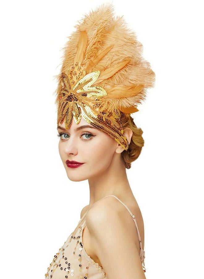 BABEYOND Carnival Feather Headpiece Showgirl Headband Women's Feather Pageant Headband 1920s Flapper Headband (Gold) - Image 1