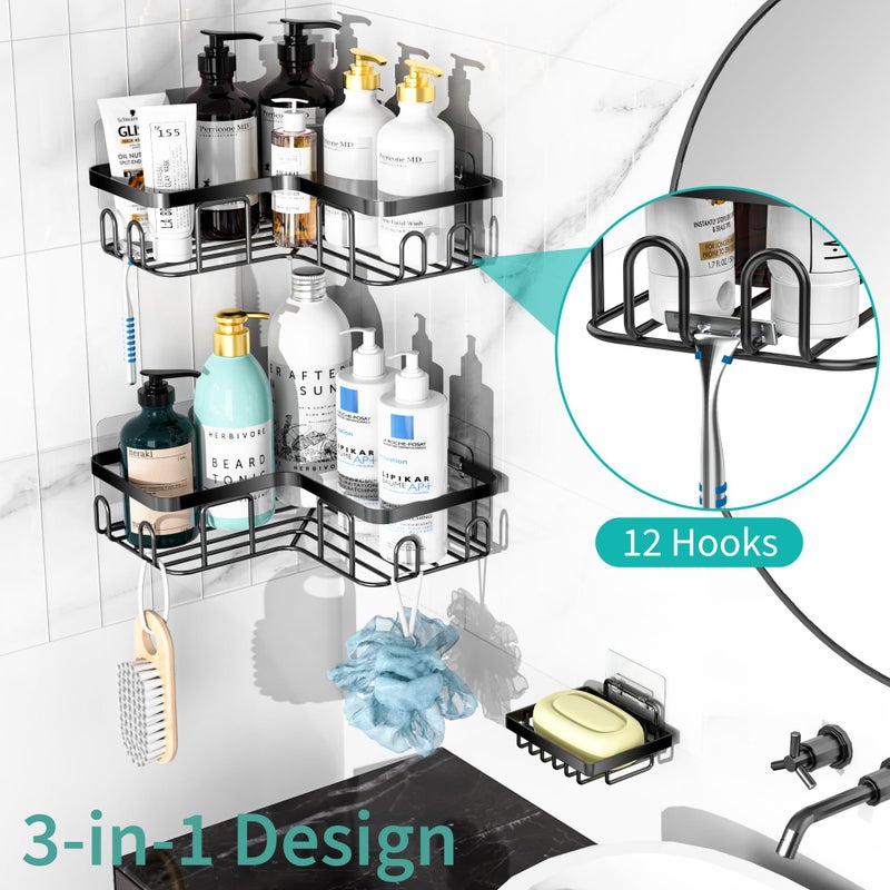 Moforoco Adhesive Corner Shower Caddy  3 Pack Organizer Shelf with Soap Holder and 12 Hooks  Shelves Rustproof for Bathroom  Storage Basket Bathroom Accessories(Black) - Image 4