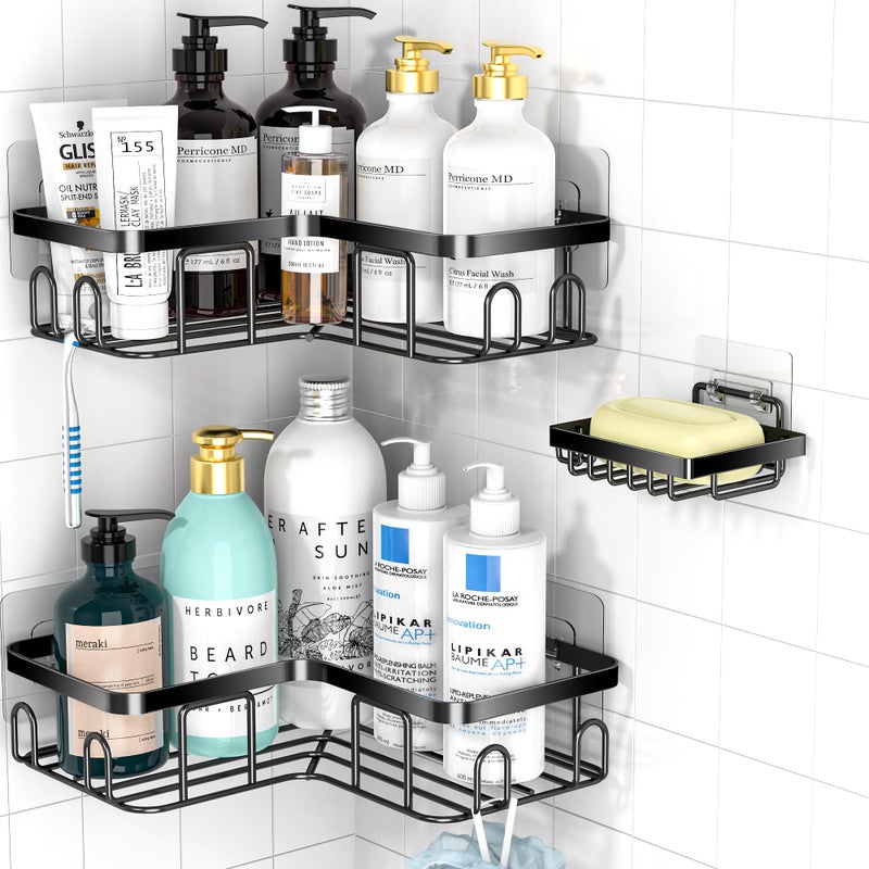 Moforoco Adhesive Corner Shower Caddy  3 Pack Organizer Shelf with Soap Holder and 12 Hooks  Shelves Rustproof for Bathroom  Storage Basket Bathroom Accessories(Black) - Image 1