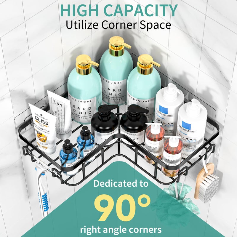 Moforoco Adhesive Corner Shower Caddy  3 Pack Organizer Shelf with Soap Holder and 12 Hooks  Shelves Rustproof for Bathroom  Storage Basket Bathroom Accessories(Black) - Image 3
