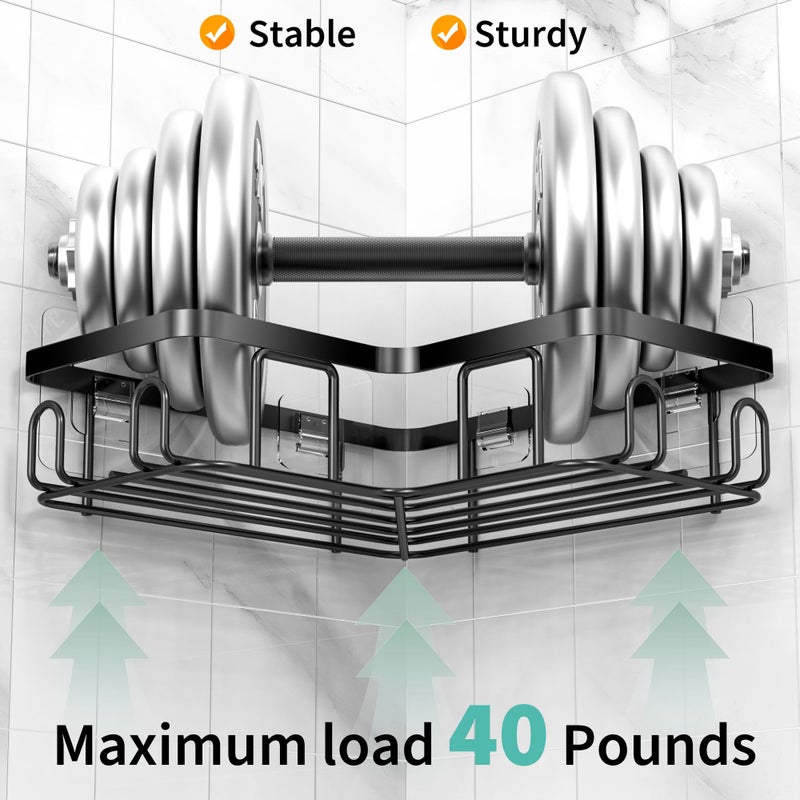 Moforoco Adhesive Corner Shower Caddy  3 Pack Organizer Shelf with Soap Holder and 12 Hooks  Shelves Rustproof for Bathroom  Storage Basket Bathroom Accessories(Black) - Image 2