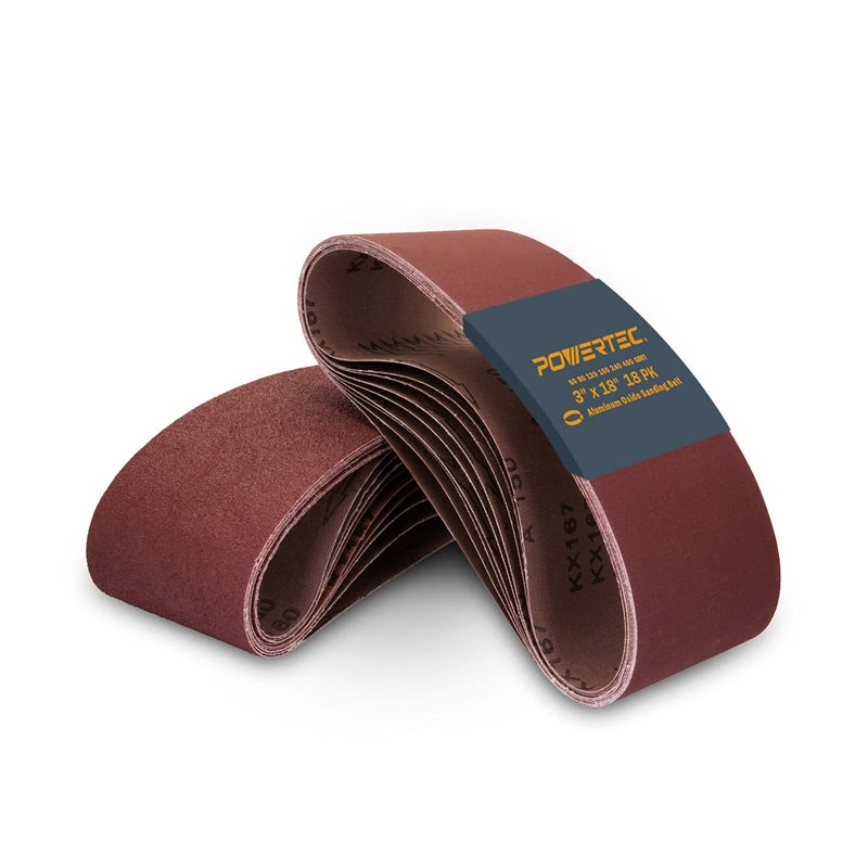POWERTEC 3 x 18 Inch Sanding Belts 3 Each of 6080120150240400 Grits18PKAluminum Oxide Belt Sander Sanding Belt Assortment for Portable Belt SanderWood Paint SandingMetal Polishing 110808