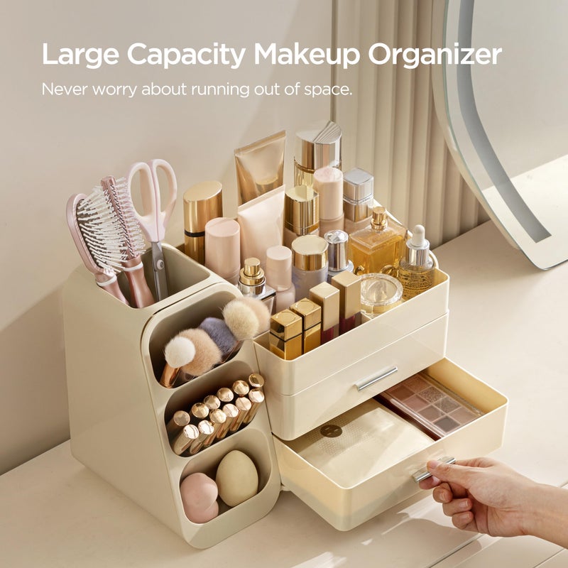 HBlife Makeup Organizer with Brush Holder for Vanity, Large Plastic Bathroom Countertop Organizer Skin Care Storage, Easy to Store Lipsticks, Nail Polishes, Perfumes, Eyeshadow Palettes, All Beige - Image 2