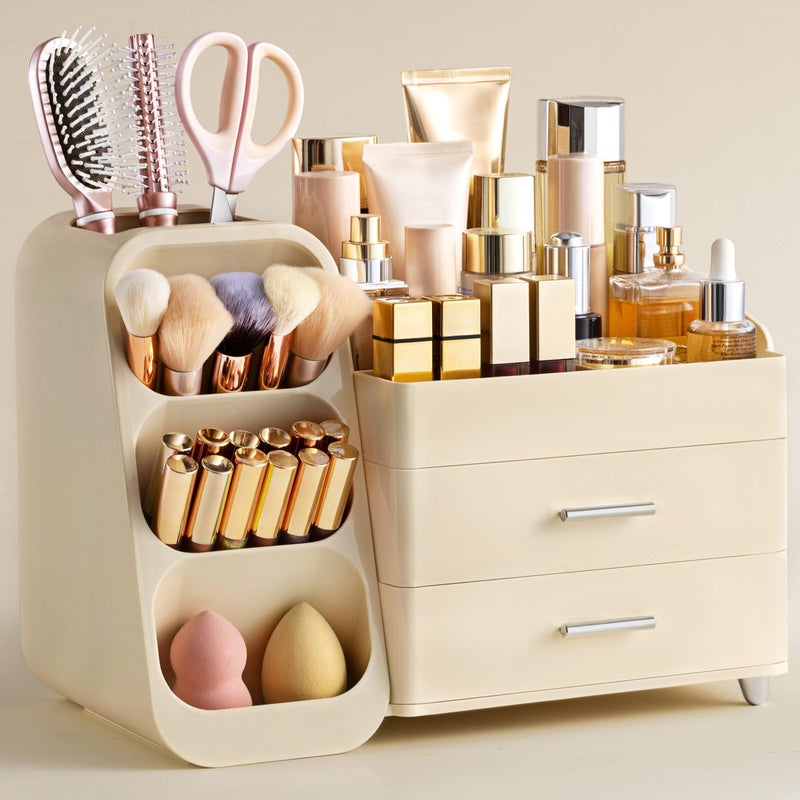 HBlife Makeup Organizer with Brush Holder for Vanity, Large Plastic Bathroom Countertop Organizer Skin Care Storage, Easy to Store Lipsticks, Nail Polishes, Perfumes, Eyeshadow Palettes, All Beige - Image 1