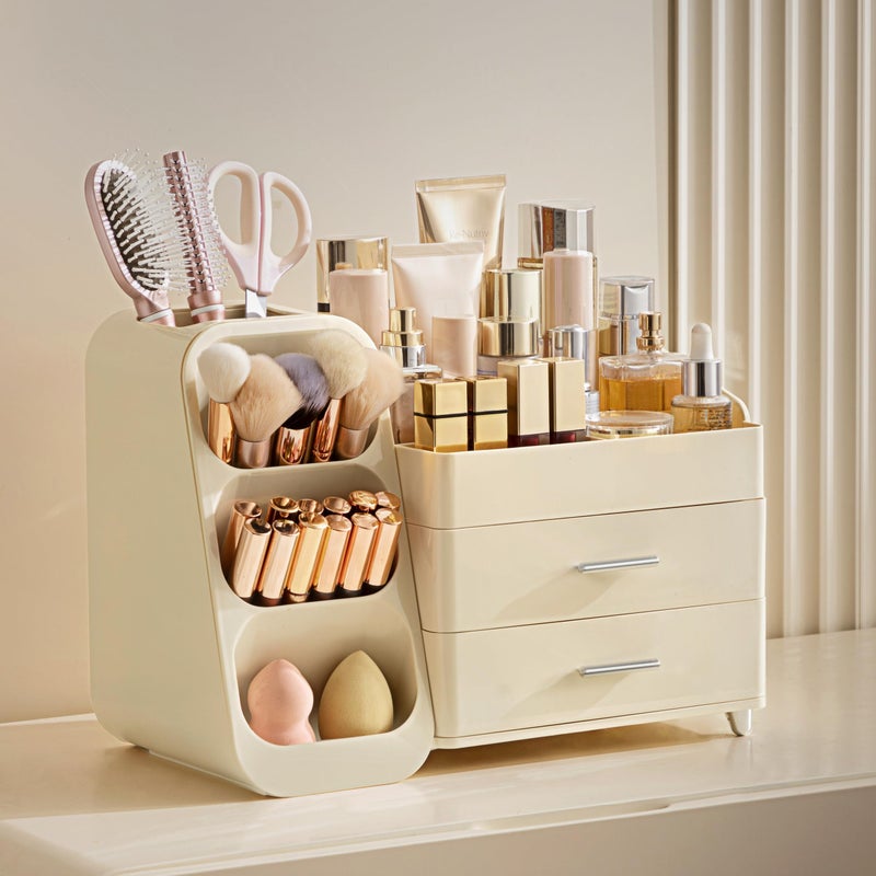 HBlife Makeup Organizer with Brush Holder for Vanity, Large Plastic Bathroom Countertop Organizer Skin Care Storage, Easy to Store Lipsticks, Nail Polishes, Perfumes, Eyeshadow Palettes, All Beige - Image 5