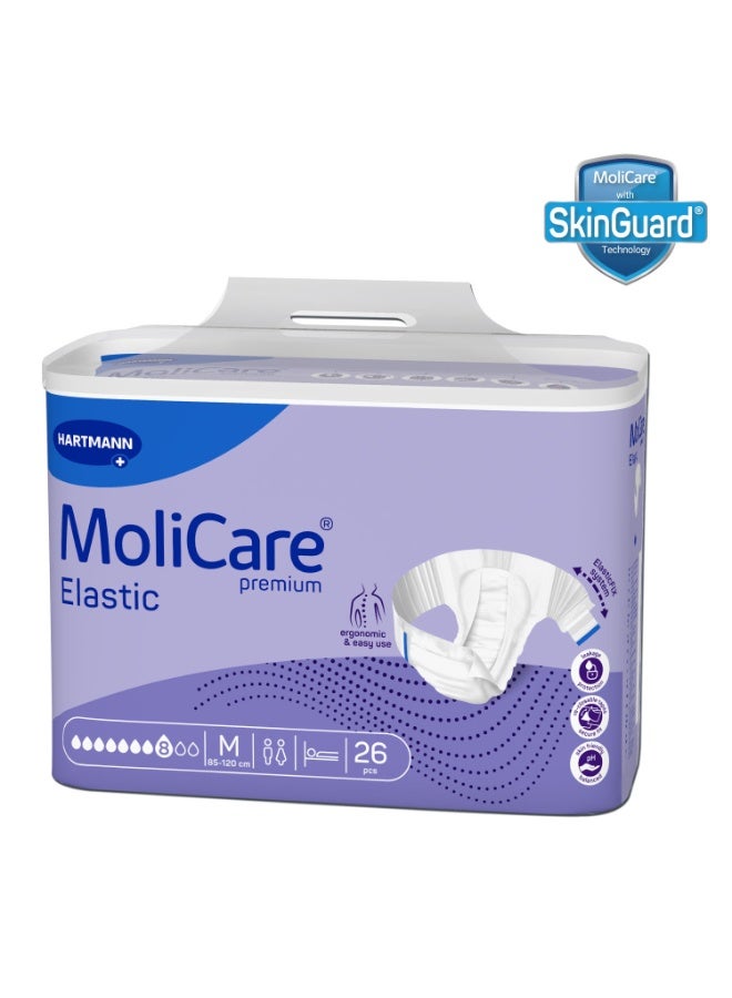 مولي كير موليكير بريميوم إيلاستيك, حفاضات سلس البول مزودة بأطراف جانبية مطاطية , سليب للراشدين الذين يعانون من السلَس، للنساء والرجال,متوسط, ٨ قطرات, ٢٦ قطعة / حزمة - Image 1
