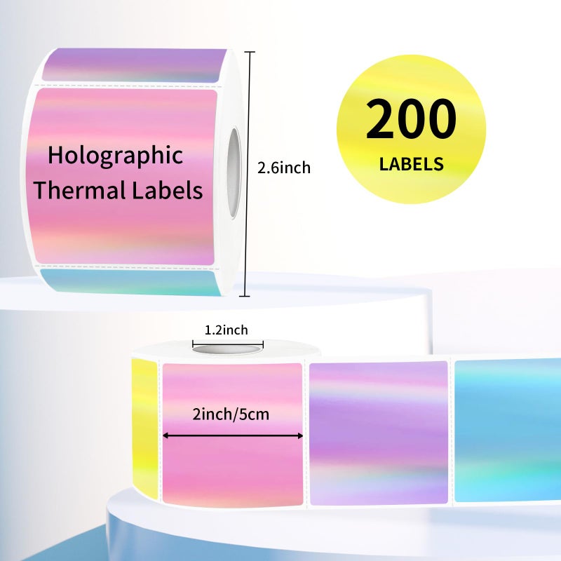 Yegawen Square Thermal Labels Stickers 2" x 2", Holographic Thermal Stickers Labels, Glitter Self-Adhesive Direct Thermal Label for Small Business- Holographic 5 Colors - Image 2