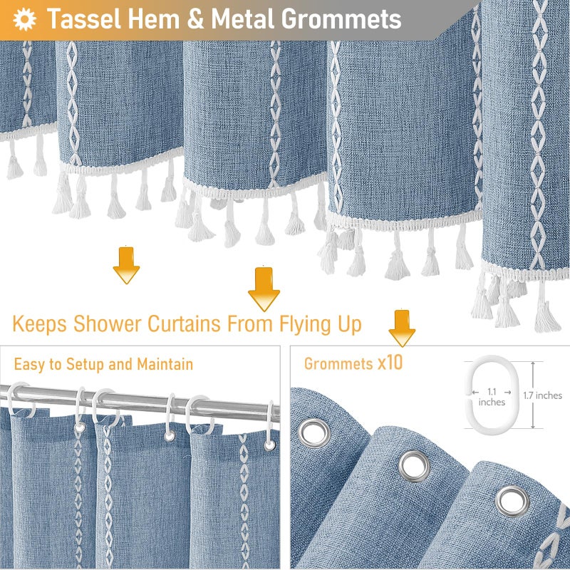 BTTN ستارة دش BTTN المماطلة - 60 × 72 ضيقة Boho Farmhouse Linen خمر مخططة الستار دش دش مجموعة مع 10 خطافات بوهيمية ديكور الستائر القماش الثقيلة للخدمة الحمام - الأزرق - Image 4