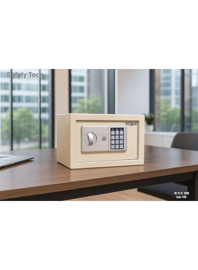 Safety Tech Digital safe with combination lock and two emergency keys, from the international brand Safety Tech, measuring 31*20*20 cm, with the ability to store two combination locks, each consisting of 3 to 8 digits, and three key holders. BEIGE - Image 5