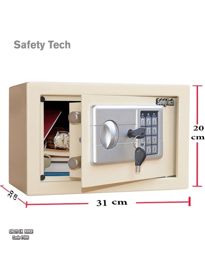 Safety Tech Digital safe with combination lock and two emergency keys, from the international brand Safety Tech, measuring 31*20*20 cm, with the ability to store two combination locks, each consisting of 3 to 8 digits, and three key holders. BEIGE - Image 1