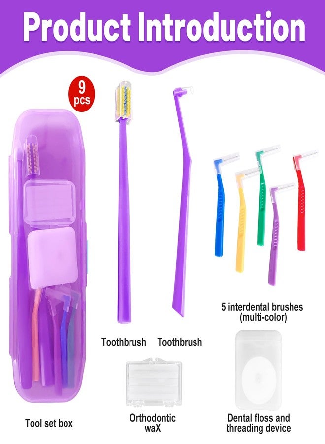 Ceonam 9-in-1 Orthodontic Oral Care Kit with Case – Toothbrush, End Tuft Toothbrush, 5 Interdental Brushes, Dental Floss, Dental Wax – Portable Hygiene Set for Braces and Daily and Travel Use (Purple - Image 2