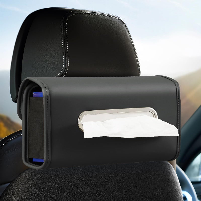 WHHMK Car Tissue Holder, WHHMK Tissue Box Cover Keep Car Tidy, Premium PU Leather Backseat Napkin Rectangle Organizer, Extra Large Tissue Box Storage in Auto Fits for 100-150 Regular Size Tissues, Black - Image 1
