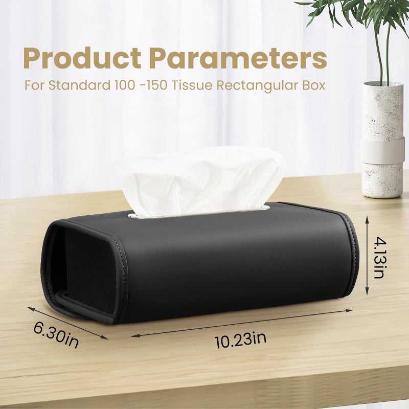 WHHMK Car Tissue Holder, WHHMK Tissue Box Cover Keep Car Tidy, Premium PU Leather Backseat Napkin Rectangle Organizer, Extra Large Tissue Box Storage in Auto Fits for 100-150 Regular Size Tissues, Black - Image 2
